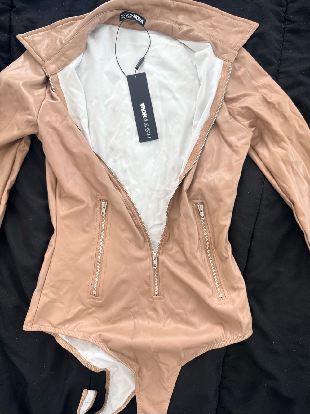 Fashion Nova Beige Faux Leather Zip-Front Bodysuit Jacket